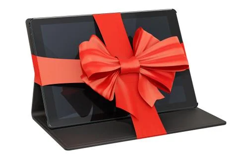 Tablet with bow and ribbon, gift concept. 3D rendering Stock Illustration