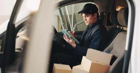 Tablet, boxes and deliveryman in van for ecommerce, dispatch or online logistics Stock Photos