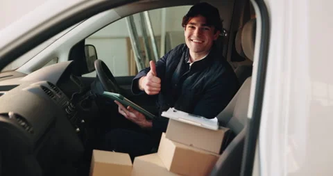 Tablet, boxes and face of delivery man with thumbs up, logistics or distribution Stock Footage 341560607