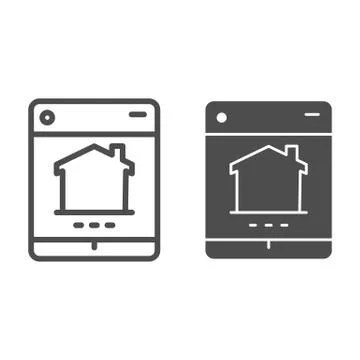 Tablet with building line and solid icon, smart home symbol, remote security Ilustración de archivo