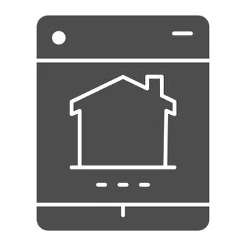 Tablet with building solid icon, smart home symbol, remote security control Ilustración de archivo