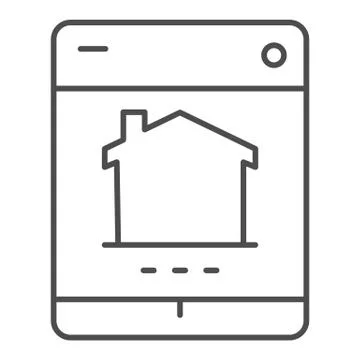 Tablet with building thin line icon, smart home symbol, remote security control Ilustración de archivo
