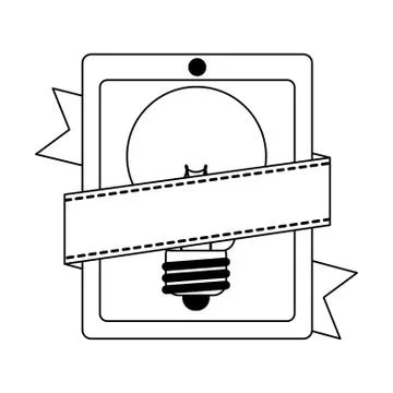 Tablet with bulb light and blank ribbon banner in black and white 스톡 일러스트