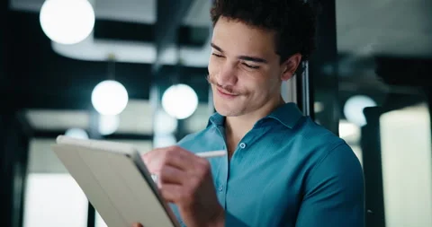 Tablet, business and man with pen in office for digital signature, budget review Stock Footage 335455367
