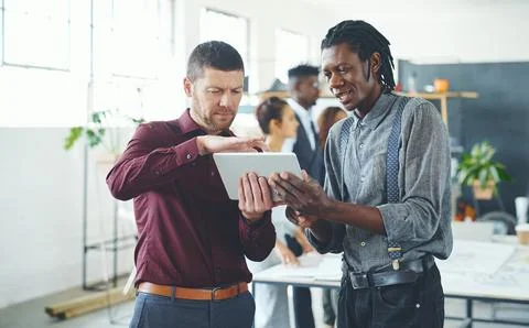 Tablet, business men and problem solving in office, planning and financial .. Stock Photos