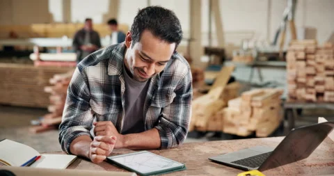 Tablet, carpenter and laptop with man in workshop for woodworking inventory, Video stock 338315529
