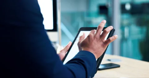 Tablet, chart and hands of business person scroll for data analysis, financial Stock Footage 249647153