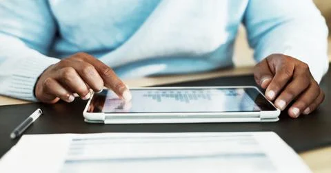 Tablet, chart and hands of man in home for finance review, budget planning .. Stock Photos