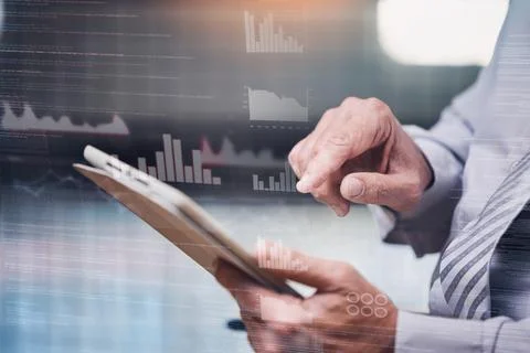 Tablet, chart graphs or man hands doing data analysis of stock exchange Stock Photos