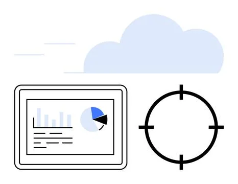 Tablet with charts and graphs next to a target icon and cloud element. Ideal  Stock Illustration