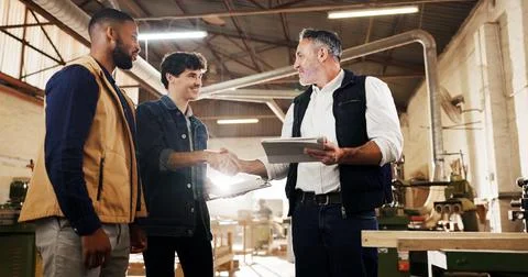 Tablet, checklist and men handshake in carpentry for inspection pass, compl.. Stock Photos
