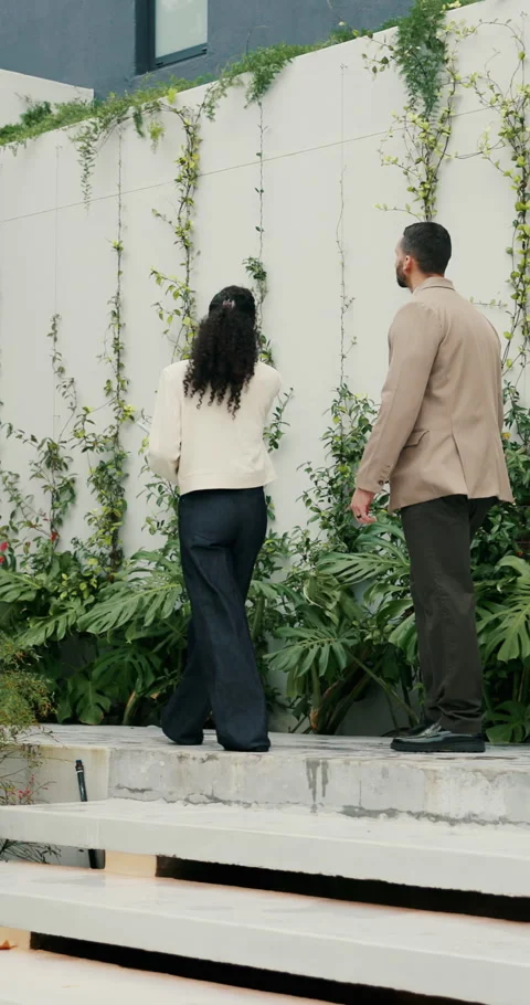 Tablet, client or realtor with backyard tour for exterior features, landscaping Stock Footage 335313675