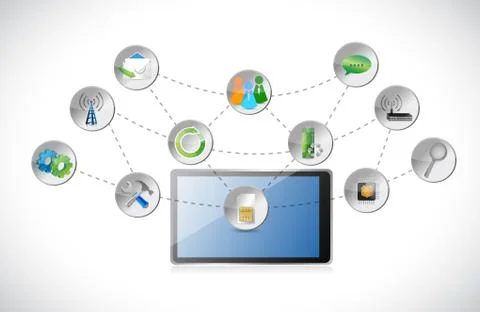 Tablet cloud of colorful application icons isolated on white background Stock Illustration