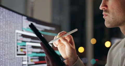 Tablet, code and night in office with business man, software and update with web Stock Footage 277212322
