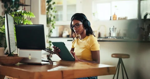 Tablet, coder and computer with woman at home for freelance developer, gaming Stock Footage 301031620