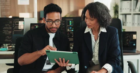Tablet, coding and business people in office with meeting for website Stock Footage 330046594