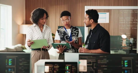 Tablet, coding and business people in office with discussion for website Stock Footage 330061584