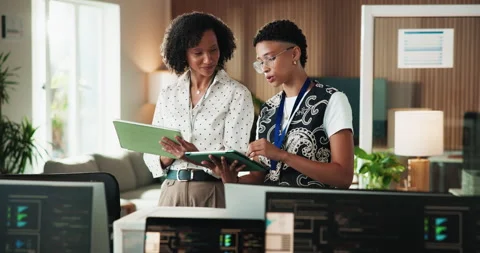 Tablet, coding and business women in office with discussion for website Stock Footage 330052964