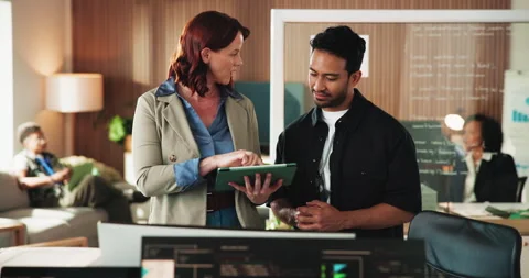 Tablet, coding and team of business people in office with discussion for website Stock Footage 330103342
