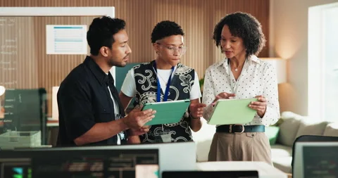 Tablet, coding and team of business people in office with discussion for website Stock Footage 330103441
