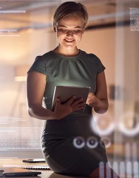 Tablet, coding or abstract for business woman in night office for data analytics Stock Photos