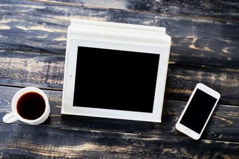 Tablet coffee phone for remote work at home Foto stock