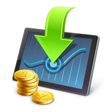 Tablet with coins and arrow pointing on diagram Illustrazione stock