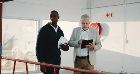 Tablet, collaboration and architect planning at construction site, maintenance Stock Footage 341461450