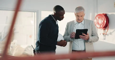 Tablet, collaboration and contractor planning at construction site, maintenance Stock Footage 341460514