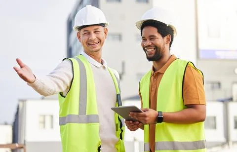 Tablet, collaboration or architecture with an engineer man and designer planning 写真素材
