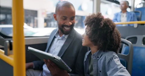 Tablet, commute and man on bus for kid, morning travel and online games for Stock Footage 306494521