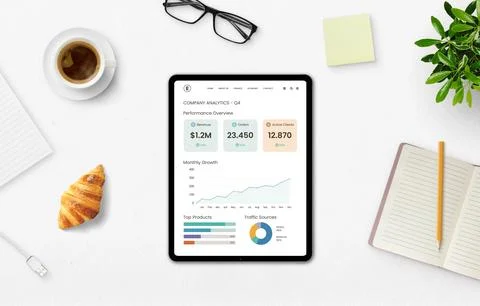 Tablet with company analytics dashboard, coffee, croissant, and notebook on.. Stock Photos