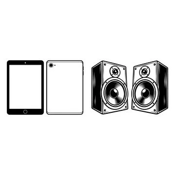 Tablet computer and audio speakers in black and white Stock Illustration