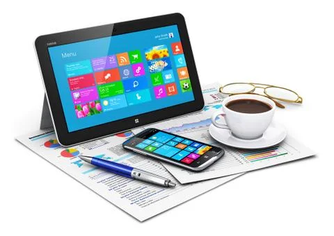 Tablet computer and business objects Illustrazione stock