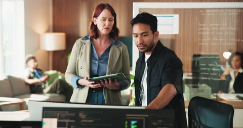 Tablet, computer and business people in office with coding for website Stock Footage 330053530