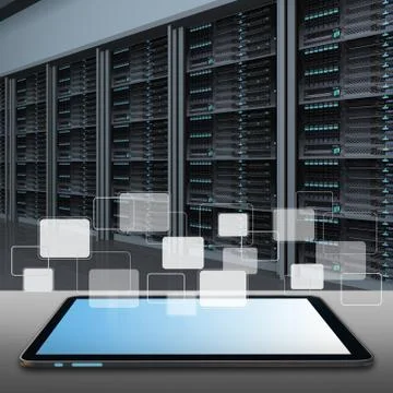 Tablet computer and data center server room Illustrazione stock