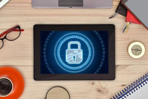 Tablet computer and digital lock icon hologram with circle binary numders Stock Photos