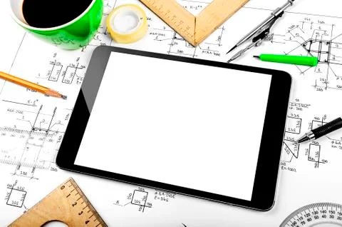 Tablet computer and engineering plan 스톡 사진