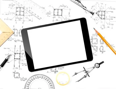 Tablet computer and engineering plan. 스톡 사진