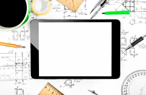Tablet computer and engineering plan Foto stock