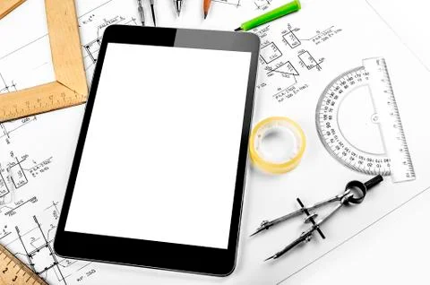 Tablet computer and engineering plan Foto stock