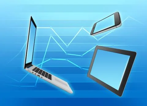 Tablet, computer and mobile phone on a blue abstract background Stock Illustration