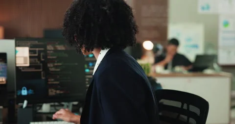 Tablet, computer and programming with business woman for cybersecurity, firewall 库存影片 330053384