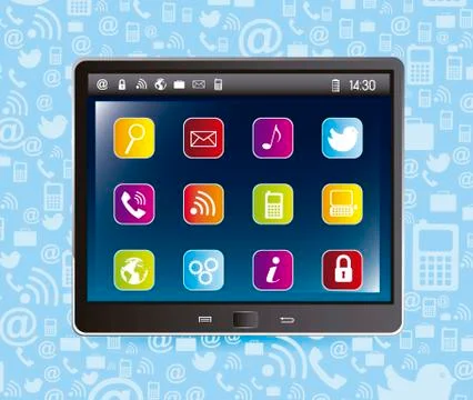 Tablet computer with apps over blue background. vector Illustrazione stock