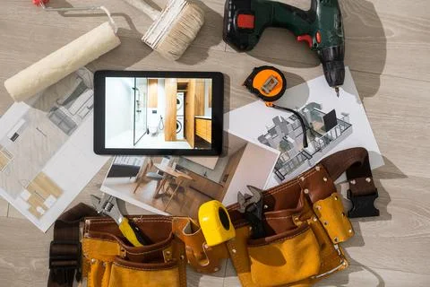 Tablet computer with architecture and construction tools and blueprints Stock Photos