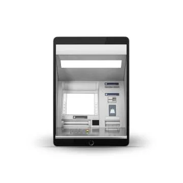 Tablet computer with ATM as display isolated on bright background Stock Photos