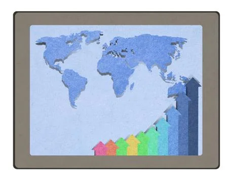 Tablet computer a bar graph with staple recycled paper craft stick . Stock Illustration