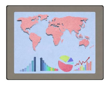 Tablet computer a bar graph with staple recycled paper craft stick . Stock Illustration