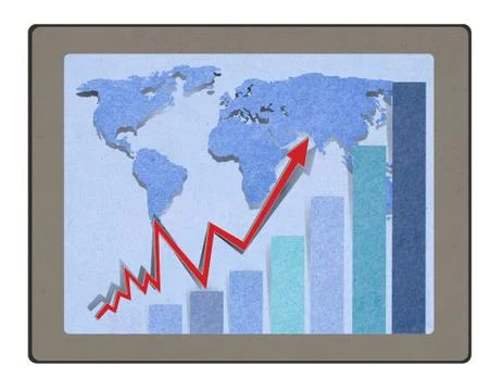 Tablet computer a bar graph with staple recycled paper craft stick . Illustrazione stock