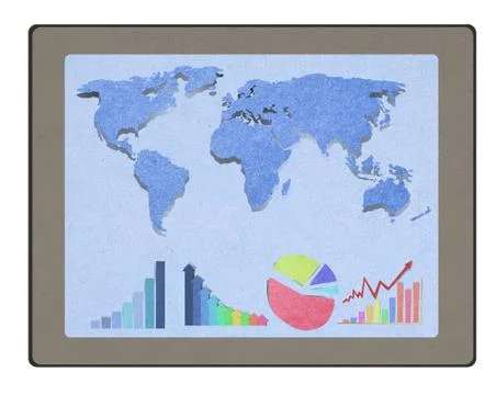 Tablet computer a bar graph with staple recycled paper craft stick . Stock Illustration